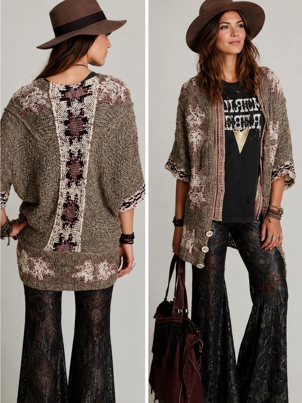 Free People Alpaca Mohair Blend Fair Isle Cardigan Sweater SP Boho Oversized